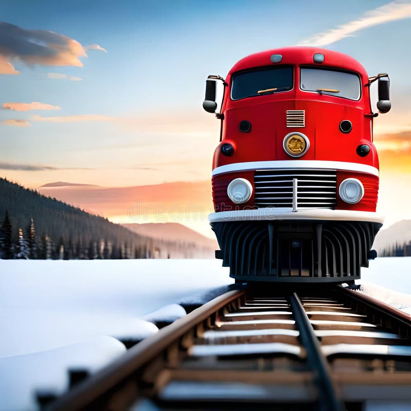 Red Coloured Train Running through the Vast Landscape Stock