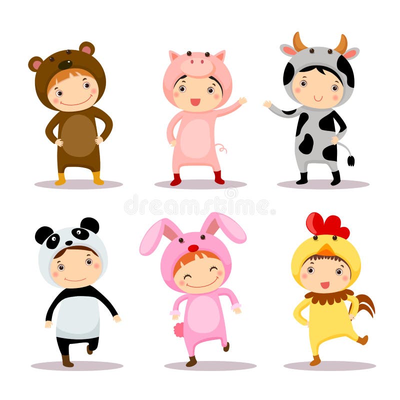Illustration von den netten Kindern, die Tierkostüme tragen
