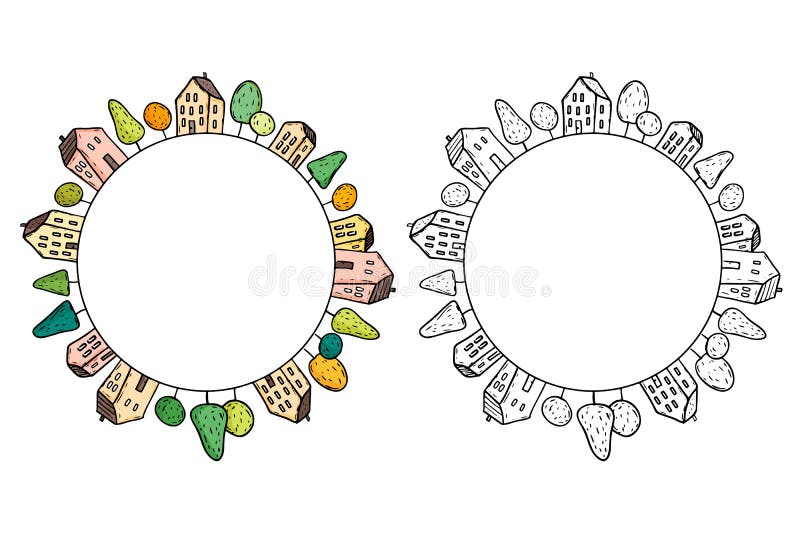 Illustration von Gekritzelhäusern auf Kreis lizenzfreie abbildung Illustration von Gekritzelhäusern auf Kreis lizenzfreie abbildung