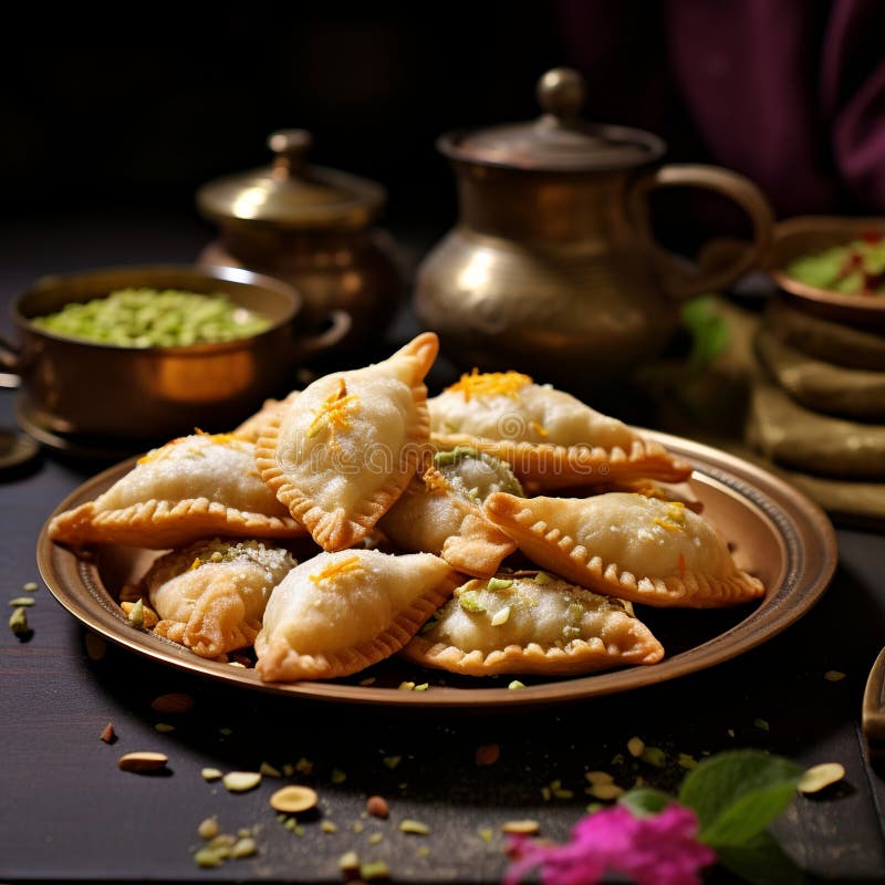 Illustration von indischen Mithai Gujia auch genannt Gujiya Pirukiya Piru Generative ai stockfoto
