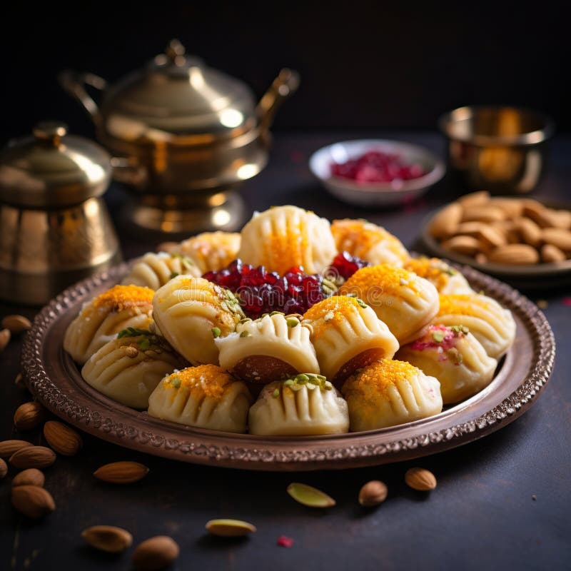 Illustration von indischen Mithai Gujia auch genannt Gujiya Pirukiya Piru Generative ai lizenzfreie stockbilder