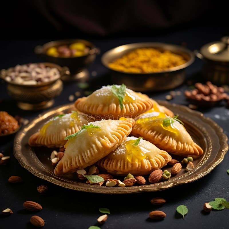 Illustration von indischen Mithai Gujia auch genannt Gujiya Pirukiya Piru Generative ai stockfoto