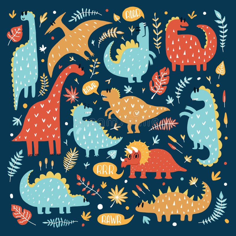 Illustration von netten Dinosauriern mit tropischen Blättern Hand gezeichnetes Vektormuster Netter Dino-Entwurf für Kinder stock abbildung Illustration von netten Dinosauriern mit tropischen Blättern Hand gezeichnetes Vektormuster Netter Dino-Entwurf für Kinder stock abbildung