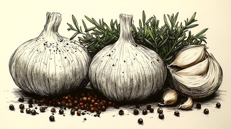 Illustration von zwei großen Knoblauchzwiebeln Allium sativum mit paperweißer Haut stock abbildung