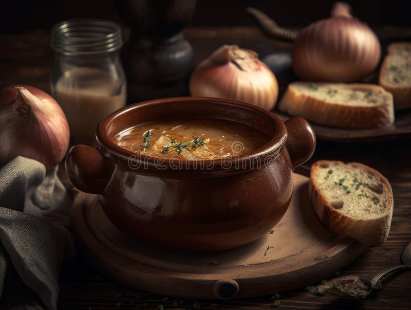 A Warm Onion Soup Bowl with a slice of Toast Bread