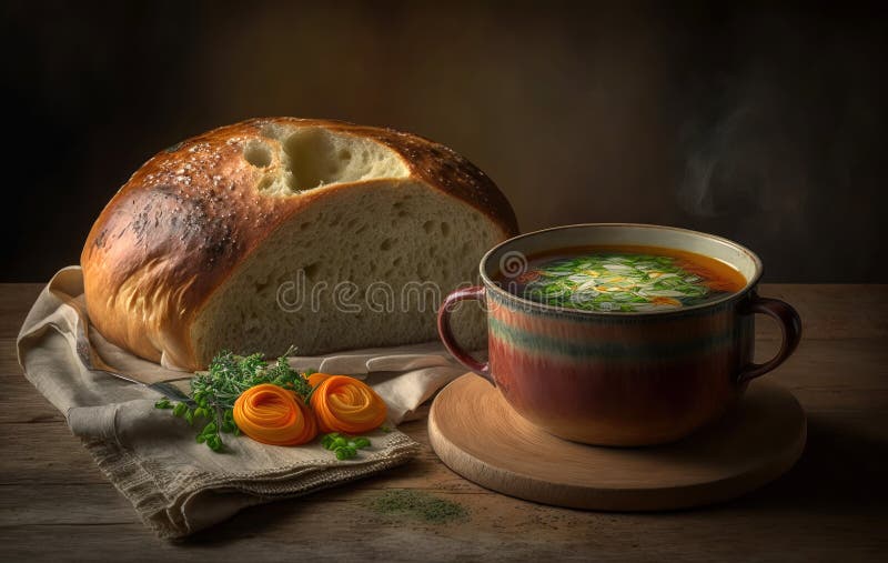 A Warm Soup Bowl with Sourdough Bread