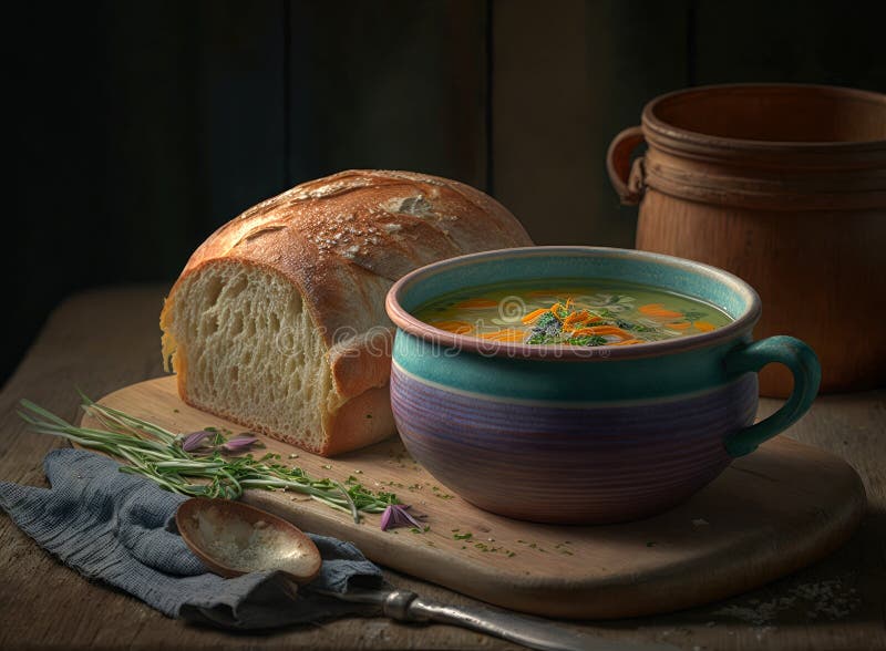 A Warm Soup Bowl with Sourdough Bread