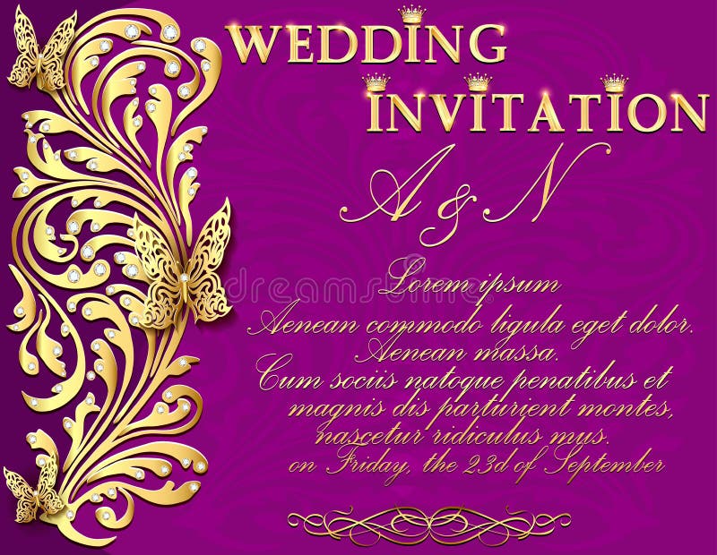 Illustration Wedding Invitation Gold Ornaments and Precious Stones