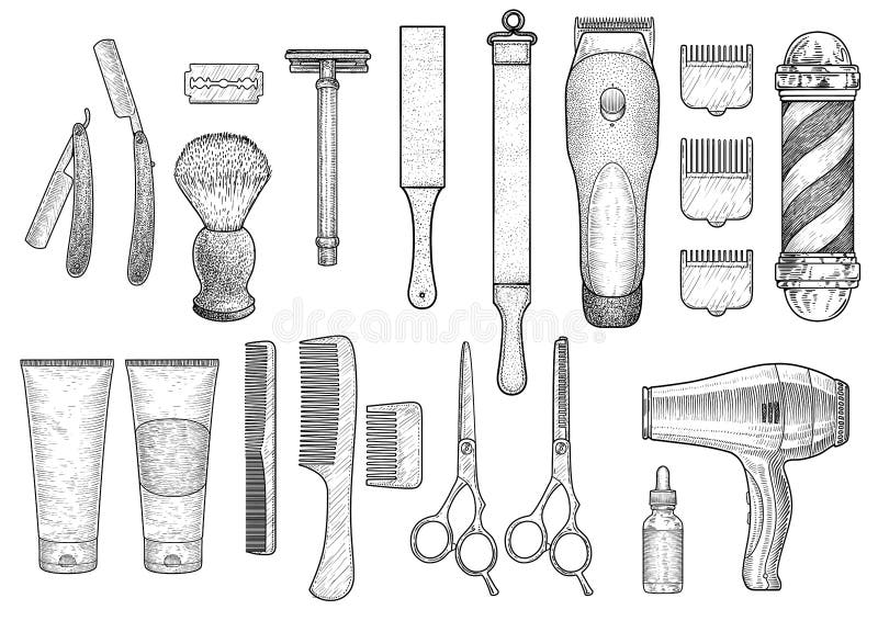 Barber shop illustration, drawing, engraving, ink, line art, vector