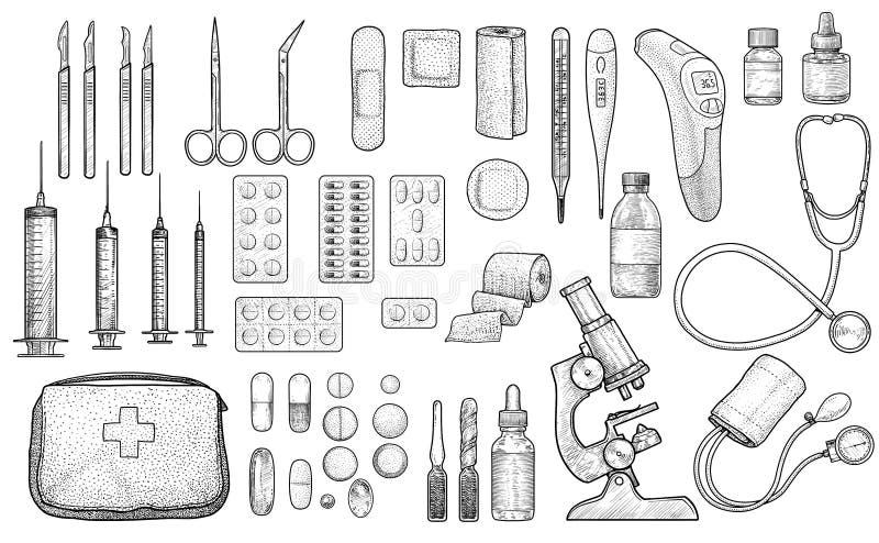 Artist tool collection illustration, drawing, engraving, ink, line art,  vector Stock Vector