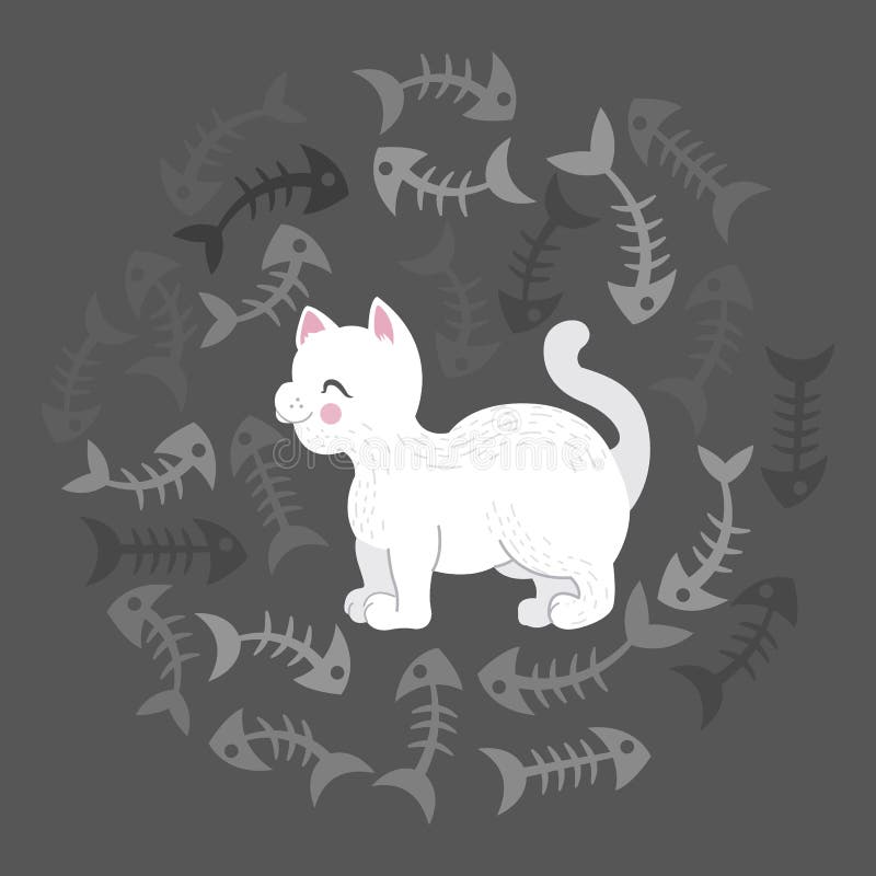 Illustration of a White Cat Surrounded by a Fish Bones Cartoonstyle Illustration on a Dark