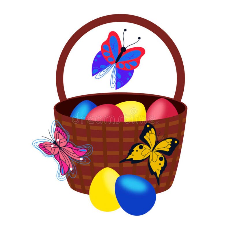 Illustration a Wicker Brown Basket with Easter Eggs and Colorful Butterflies Handdrawn on a