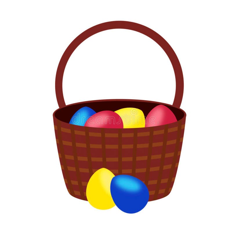 Illustration of a Wicker Brown Basket with Easter Eggs Handdrawn on a White Background Stock