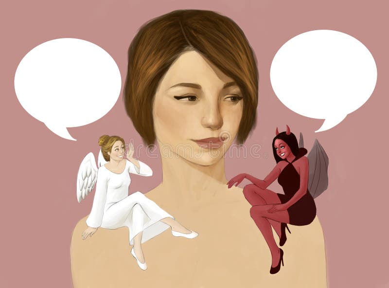 Illustration of a Woman with a Devil and Angel Having Conversation on