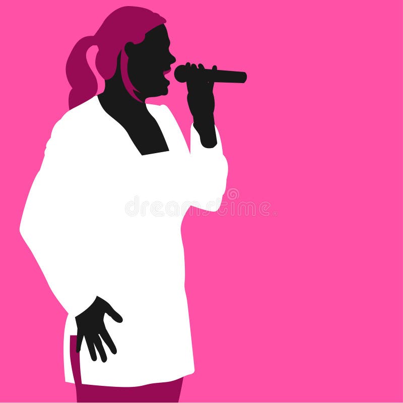 An illustration of a young woman singing on a pink background. Woman singing vectors
