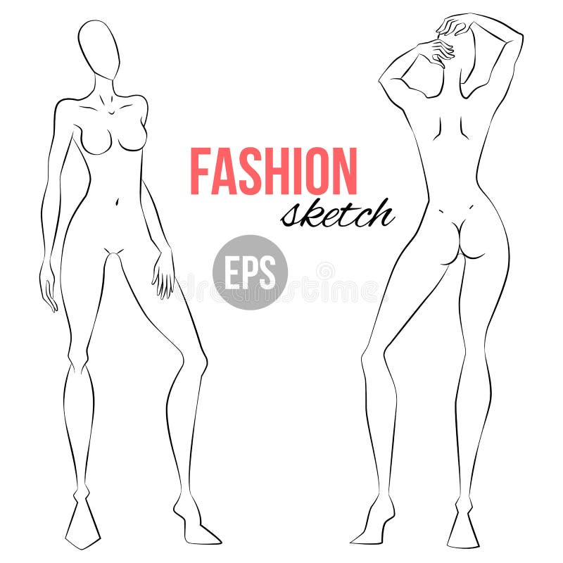 Illustration of women`s figure. Outline girl model template for fashion sketching. Front and back sides.