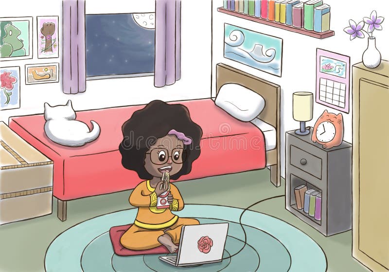 Black Girl Watching Movie and Eating in her Bedroom stock illustration Black Girl Watching Movie and Eating in her Bedroom stock illustration