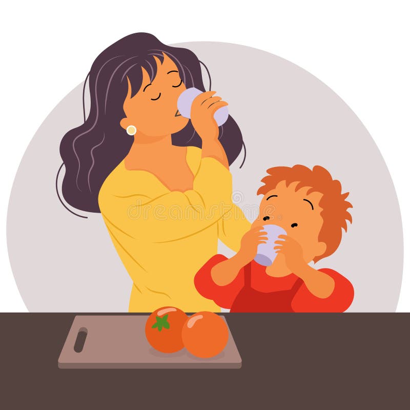 Illustration, a young mother with her little son drink fruit juice together in the kitchen. Clip art stock illustration