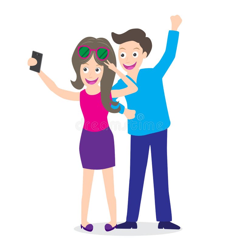 Illustration of a young tourist couple using a smart phone to take a selfie picture of themselves on white background stock illustration