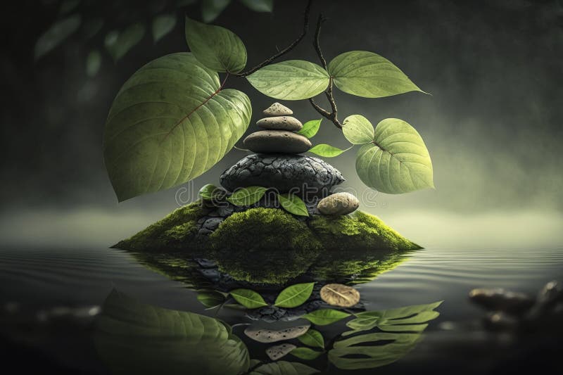 Illustration, Zen Stone Pyramid, Water Surface Screen, Ai Generative