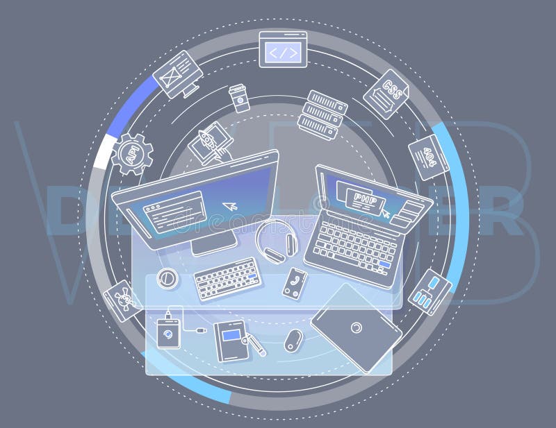 Illustration zum Thema des Webentwicklers für Werbeplakate. stock abbildung