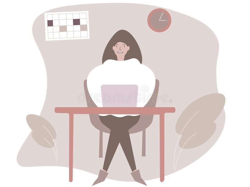 Illustration ? la mode d'une ouvri?re de jeune fille de bureau heureusement en se reposant et en travaillant ? un ordinateur illustration de vecteur Illustration ? la mode d'une ouvri?re de jeune fille de bureau heureusement en se reposant et en travaillant ? un ordinateur illustration de vecteur