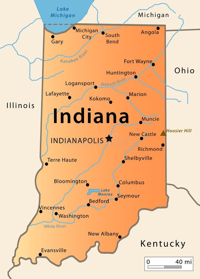 Illustration of the map of the Great State of Indiana, USA. Featuring rivers, lakes and the highest peak of the state. Illustration of the map of the Great State of Indiana, USA. Featuring rivers, lakes and the highest peak of the state.