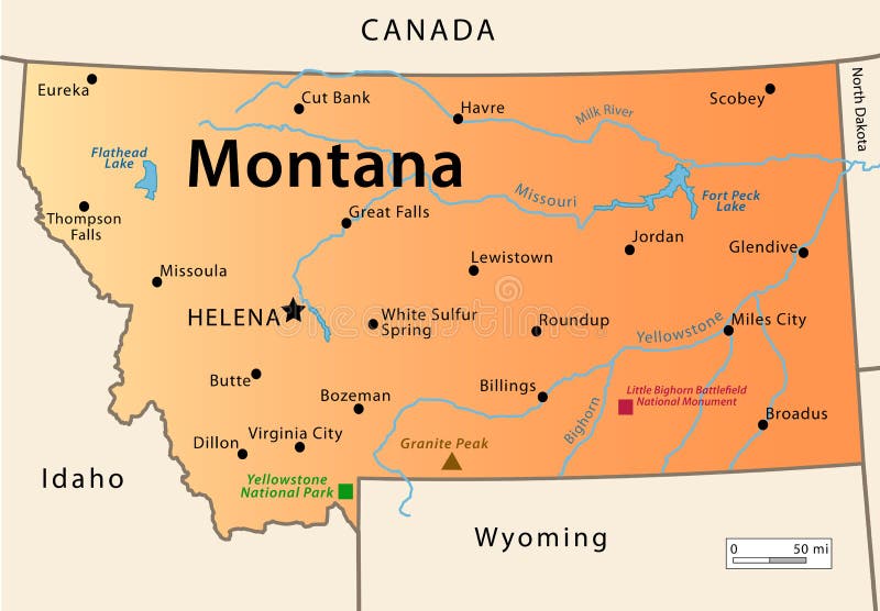 Illustration of the map of the Great State of Montana, USA. Featuring its main cities, rivers, lakes and the highest peak of the state. Illustration of the map of the Great State of Montana, USA. Featuring its main cities, rivers, lakes and the highest peak of the state.