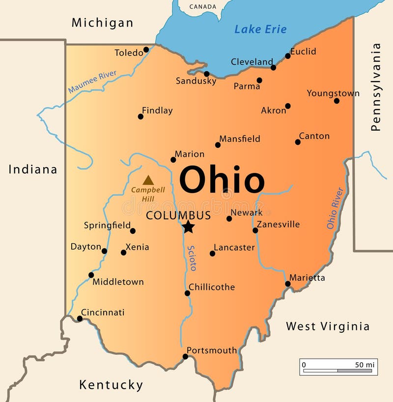 Illustration of the map of the Great State of Ohio, USA. Featuring its main cities, rivers, lakes and the highest peak of the state. Illustration of the map of the Great State of Ohio, USA. Featuring its main cities, rivers, lakes and the highest peak of the state.