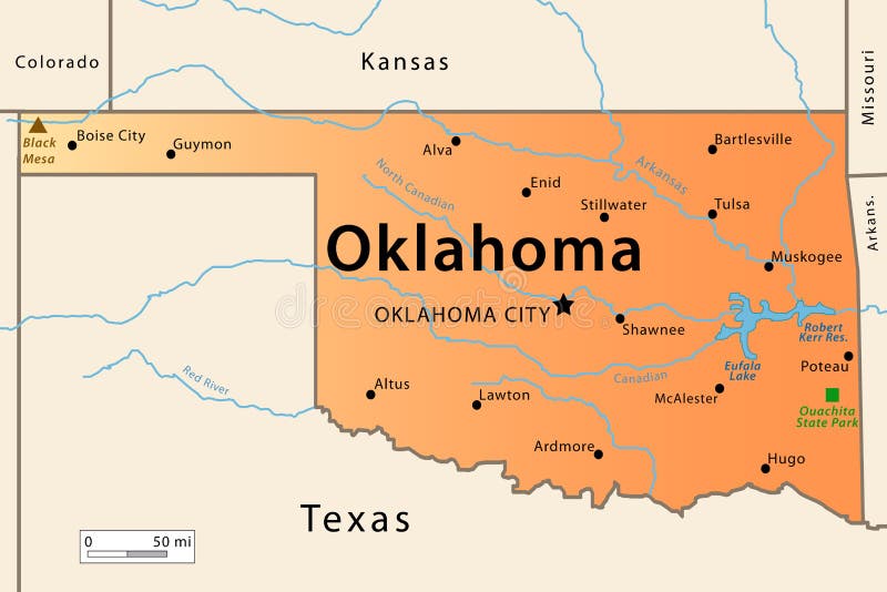 Illustration of the map of the Great State of Oklahoma , USA. Featuring its main cities, rivers, lakes and the highest peak of the state. Illustration of the map of the Great State of Oklahoma , USA. Featuring its main cities, rivers, lakes and the highest peak of the state.