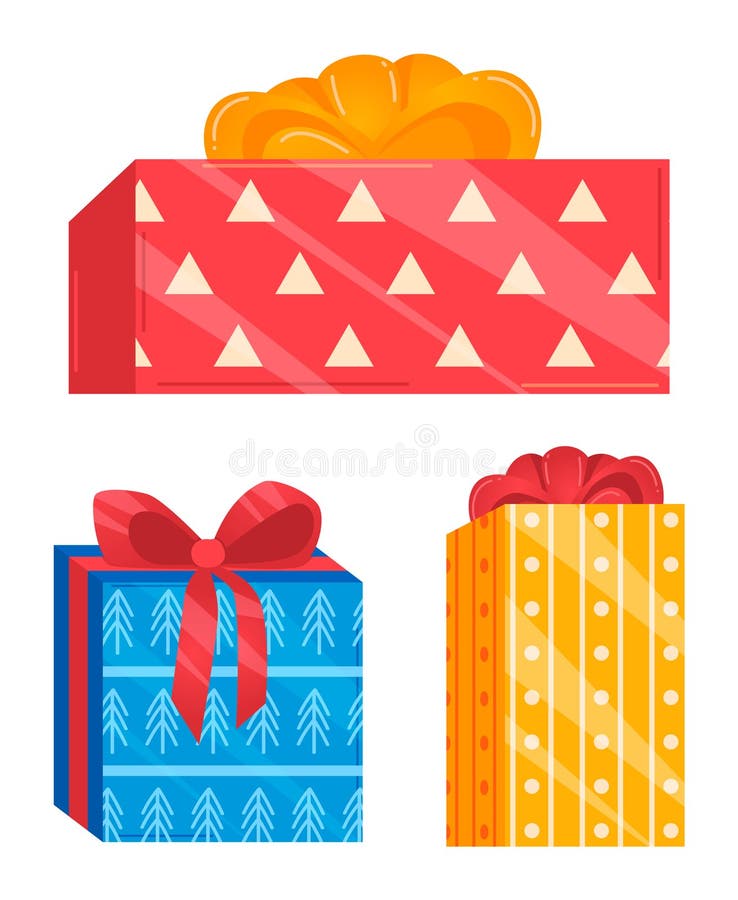 Illustrationen har tre presentboxar klara färgmönster överst i presentboxen röd, vit stock illustrationer