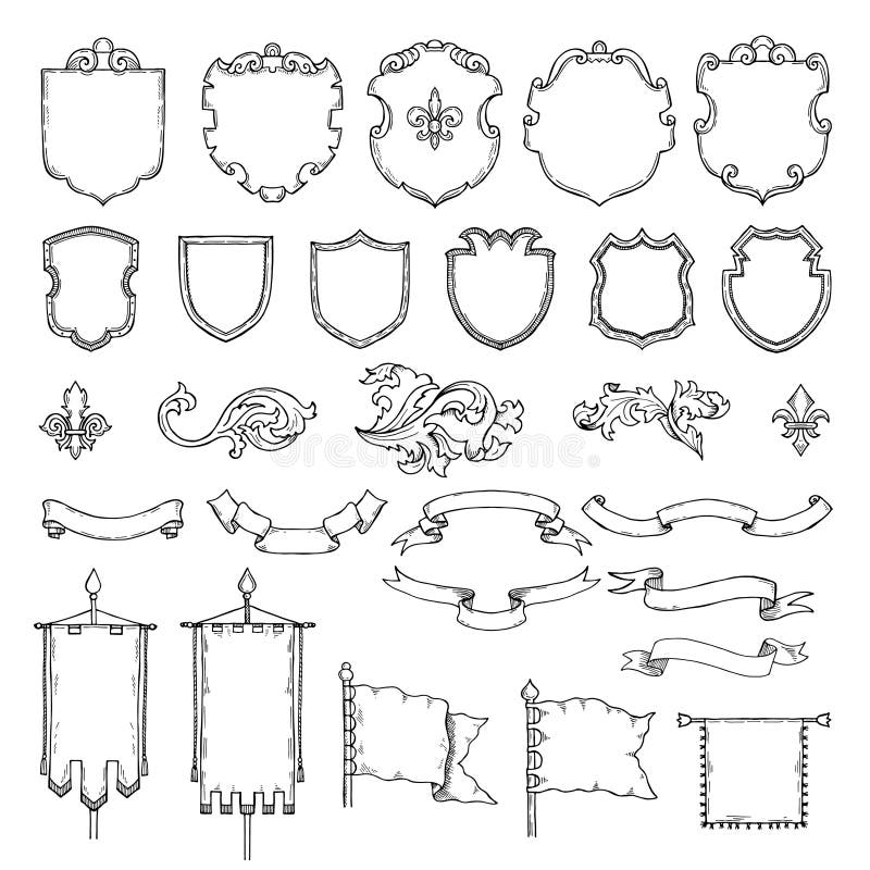 Illustrations of armed medieval vintage shields. Vector heraldic frames and ribbons royalty free illustration Illustrations of armed medieval vintage shields. Vector heraldic frames and ribbons royalty free illustration