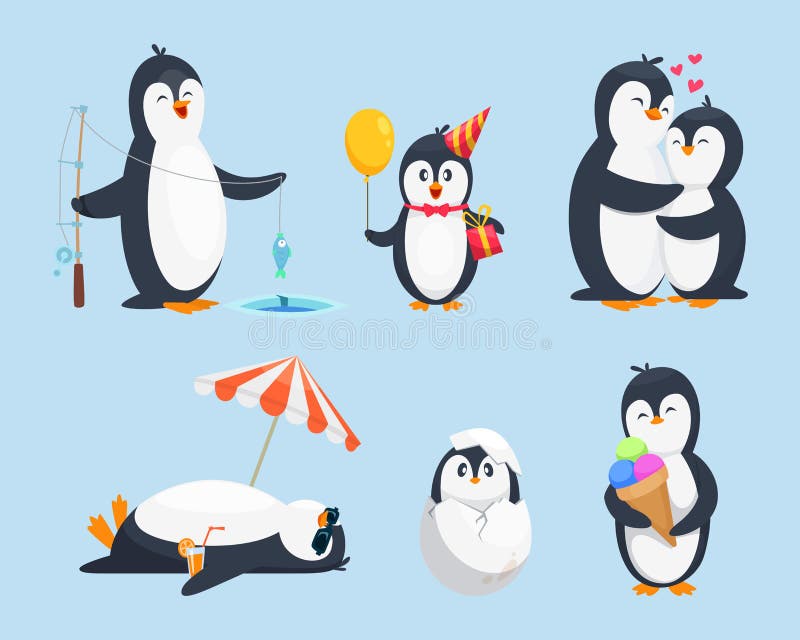 Illustrations of baby pinguins in different poses. Vector cartoon pictures