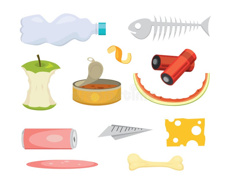 Illustrations réglées de déchets et de déchets dans le style de bande dessinée Icônes biodégradables et en plastique illustration libre de droits Illustrations réglées de déchets et de déchets dans le style de bande dessinée Icônes biodégradables et en plastique illustration libre de droits