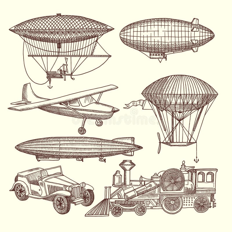 Illustrations set of machines in steampunk style vector illustration Illustrations set of machines in steampunk style vector illustration