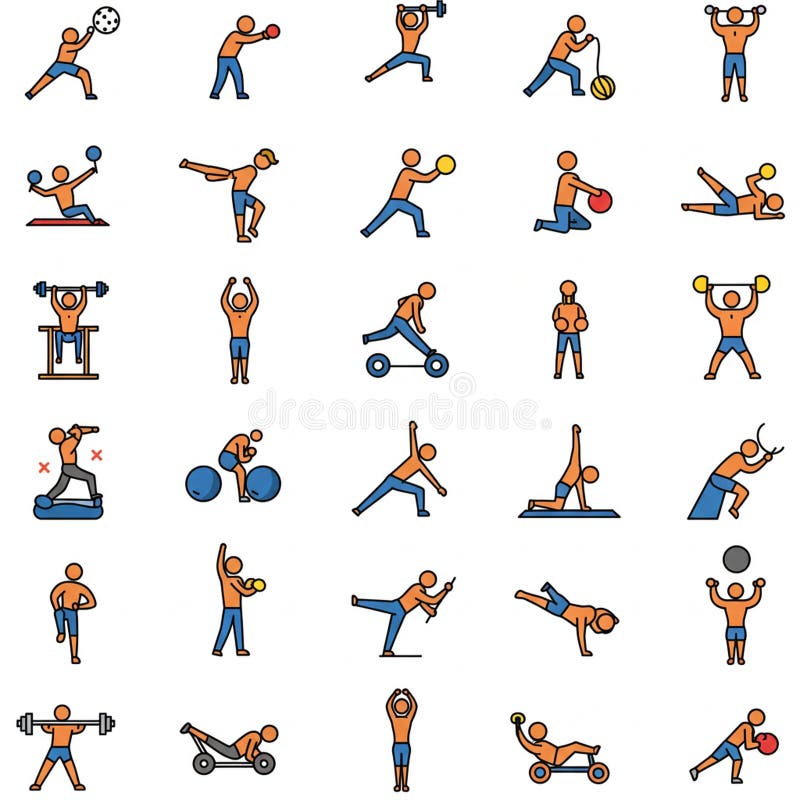 Illustrations show stylized figures performing various exercises. Each figure, drawn in stock illustration