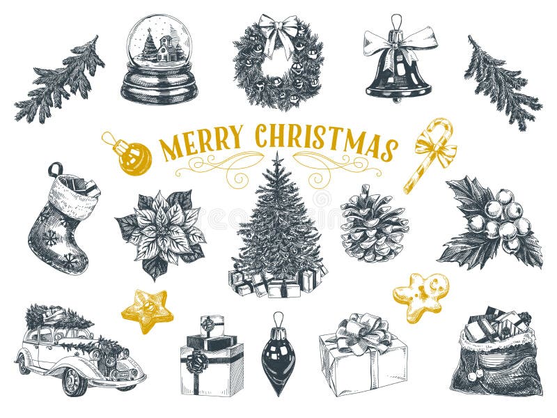 Illustrations tirées par la main de Noël de beau vecteur réglées illustration de vecteur