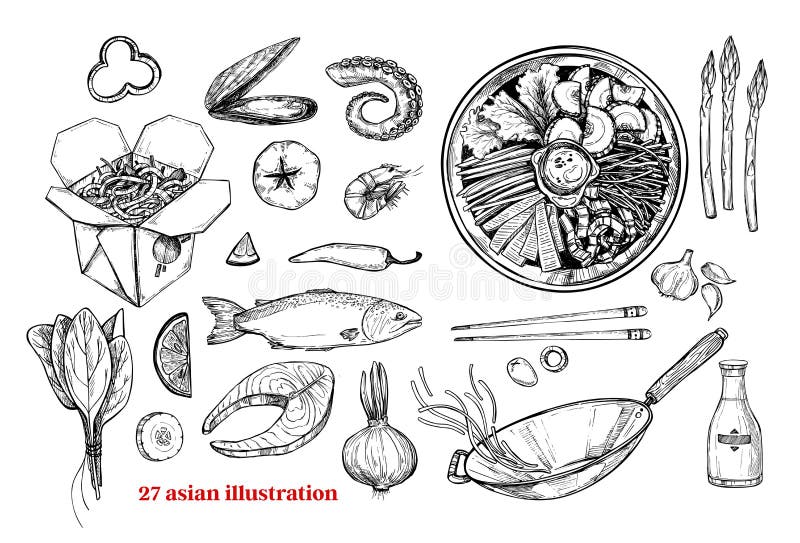 Illustrations tirées par la main de vecteur - wok Boîte de wok, casserole de wok, bibimba