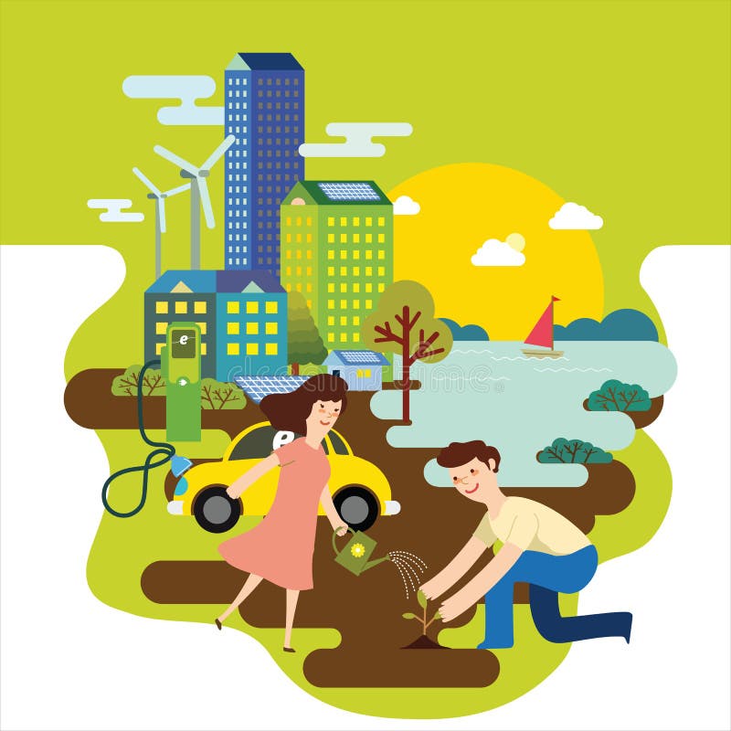 Illustrationskonceptet med gröna städer, människor som lever i harmoni med naturen med hjälp av hållbar energi Vindkraft och solk royaltyfri illustrationer Illustrationskonceptet med gröna städer, människor som lever i harmoni med naturen med hjälp av hållbar energi Vindkraft och solk royaltyfri illustrationer