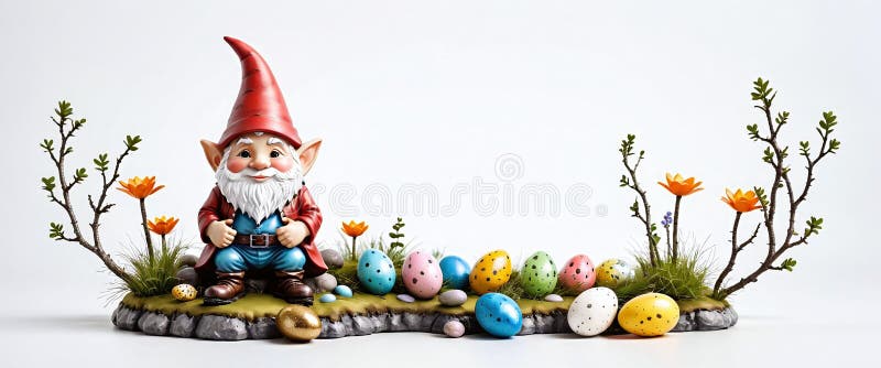 Illustrative depiction of easter gnome, cute gnomes, dwarf with easter eggs easter gnomes, cute gnomes, dwarf with easter eggs stock illustration