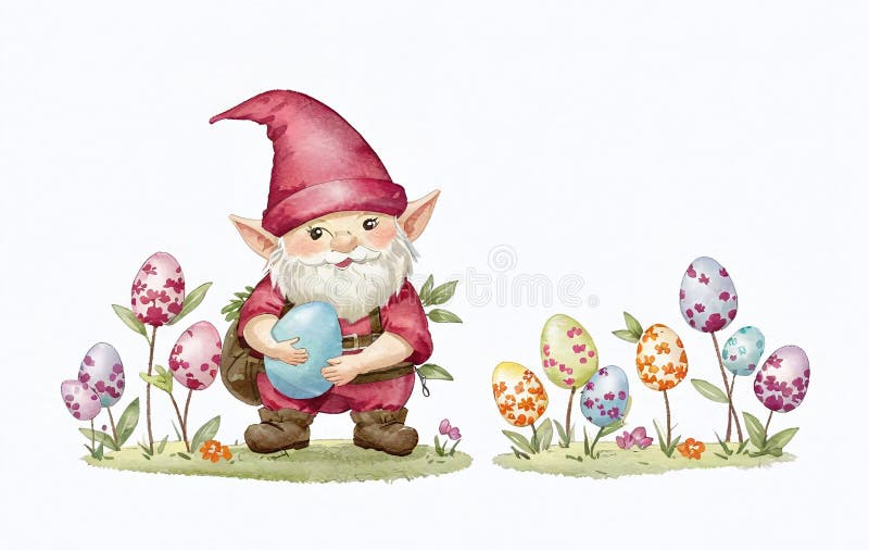 Illustrative depiction of easter gnome, cute gnomes, dwarf with easter eggs easter gnomes, cute gnomes, dwarf with easter eggs stock illustration