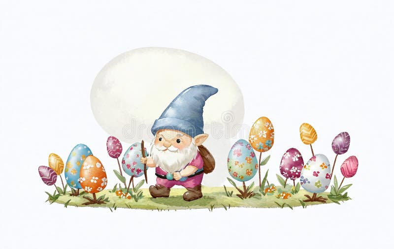 Illustrative depiction of easter gnome, cute gnomes, dwarf with easter eggs easter gnomes, cute gnomes, dwarf with easter eggs stock illustration