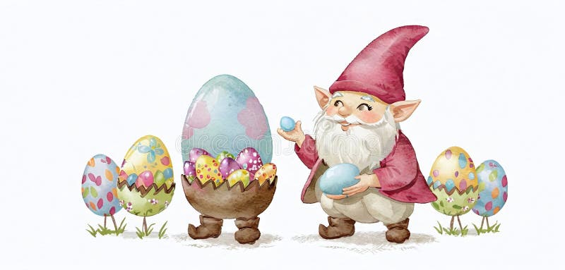 Illustrative depiction of easter gnome, cute gnomes, dwarf with easter eggs easter gnomes, cute gnomes, dwarf with easter eggs stock illustration
