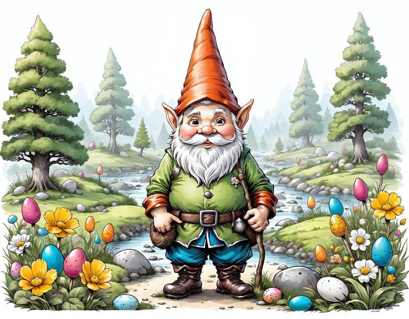 Illustrative depiction of easter gnome, cute gnomes, dwarf with easter eggs easter gnomes, cute gnomes, dwarf with easter eggs stock illustration