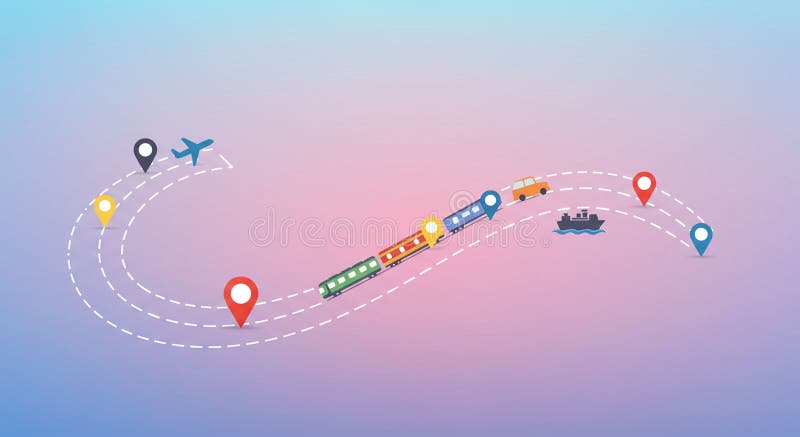 An illustrative depiction of various transportation modes on a pastel gradient vector illustration