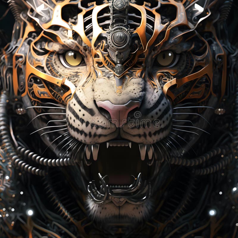 Tiger roar red fire and smoke background. Generative AI Stock Illustration