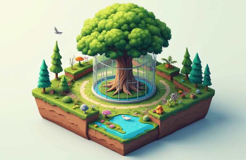 Illustrative infographic earth biomes, ecosystems. Features central protected tree within glass enclosure, surrounded by diverse stock illustration