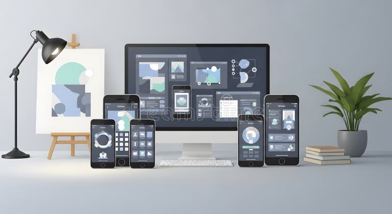 UI UX design on modern devices featuring phone, tablet, and desktop computer royalty free illustration