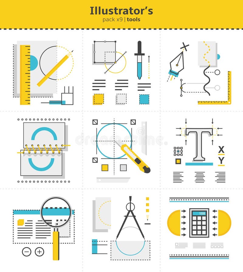 Isolated Illustrator`s Tools To Use In Work Icons. Vector Multi Colored