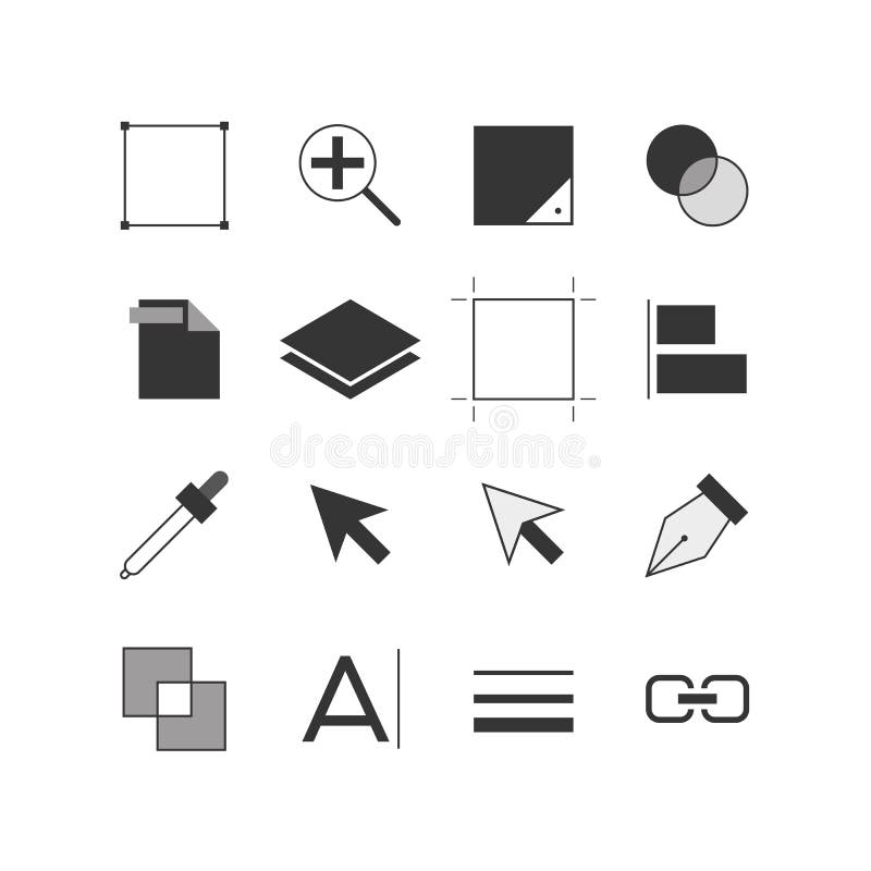 Illustrator tools icon set in black and white. Many tools icon set of Illustrator program of adode in black, gray, white version